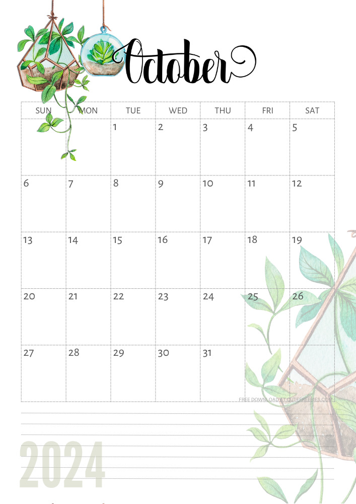 October 2024 free printable calendar with plants - CLICK PREVIOUS POST TO DOWNLOAD THE COMPLETE 2024 CALENDAR