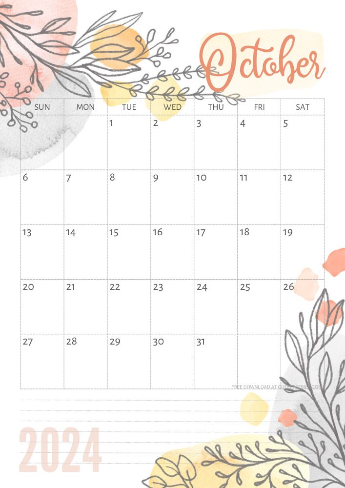 October 2024 pretty monthly calendar template free printable #cutefreebiesforyou #freeprintable - SEE PREVIOUS POST TO DOWNLOAD THE COMPLETE 2024 CALENDAR
