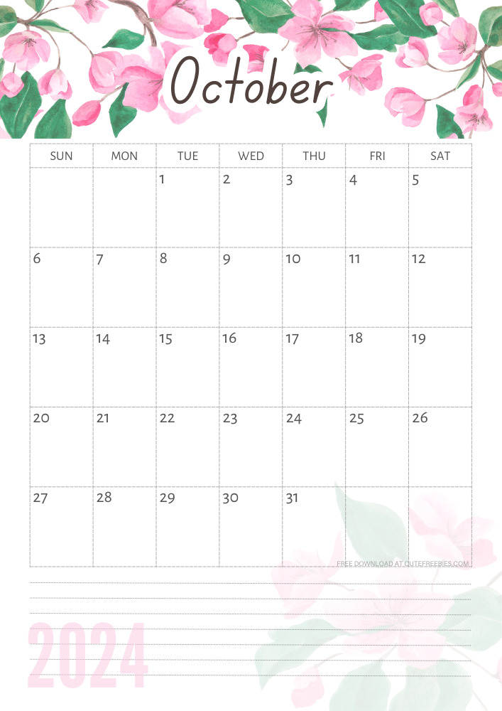 October 2024 free printable calendar with pink cherry blossoms #cutefreebiesforyou - SEE PREVIOUS POST TO DOWNLOAD THE COMPLETE 2024 CALENDAR
