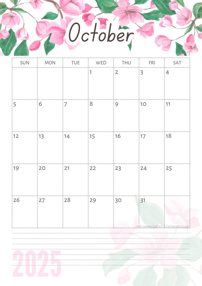 October 2025 free printable calendar with pink cherry blossoms #cutefreebiesforyou - SEE PREVIOUS POST TO DOWNLOAD THE COMPLETE 2025 CALENDAR