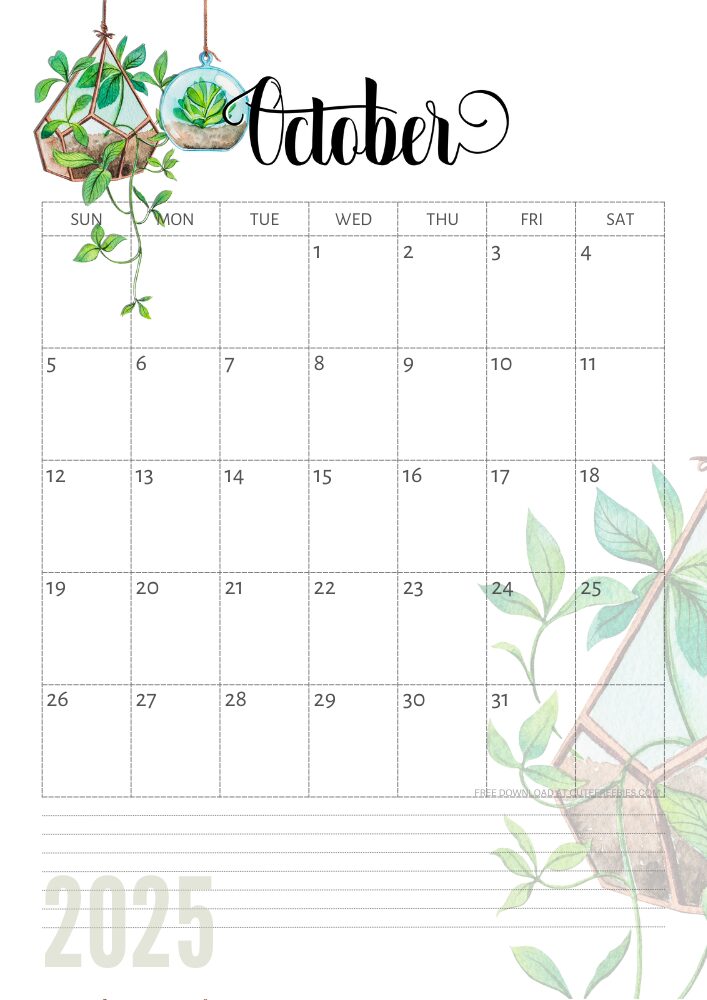 October 2025 free printable calendar with green plants - CLICK PREVIOUS POST TO DOWNLOAD THE COMPLETE 2025 CALENDAR