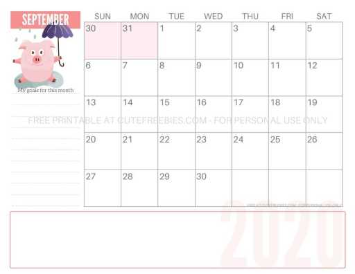 September 2020 calendar printable pdf - cute pigs monthly goals planner! #freeprintable #cutefreebiesforyou #cutepigs