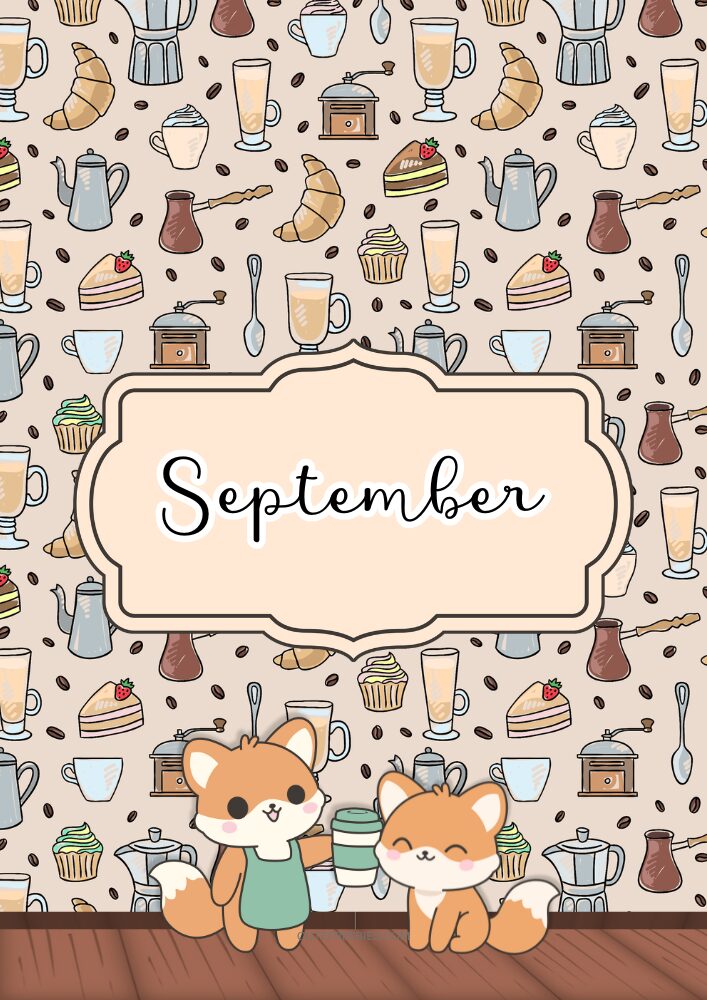 Free printable September bullet journal PDF template with coffee fox fall theme