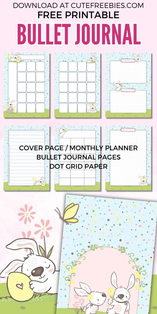 Free printable monthly bullet journal - monthly planner template PDF with cute spring bunnies easter theme #cutefreebiesforyou #printableplanner #freeprintable #bulletjournal #easter