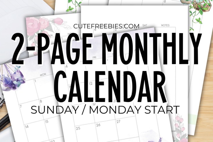 Free Printable 2026 2025 Monthly Calendar two page spread, calendar in two pages. Get your free PDF download now! #freeprintable #cutefreebiesforyou #crystals #hangingplants #diyplanner #homebinder