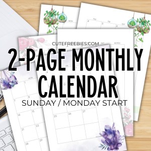 Free Printable 2026 2025 Monthly Calendar two page spread, calendar in two pages. Get your free PDF download now! #freeprintable #cutefreebiesforyou #crystals #hangingplants #diyplanner #homebinder