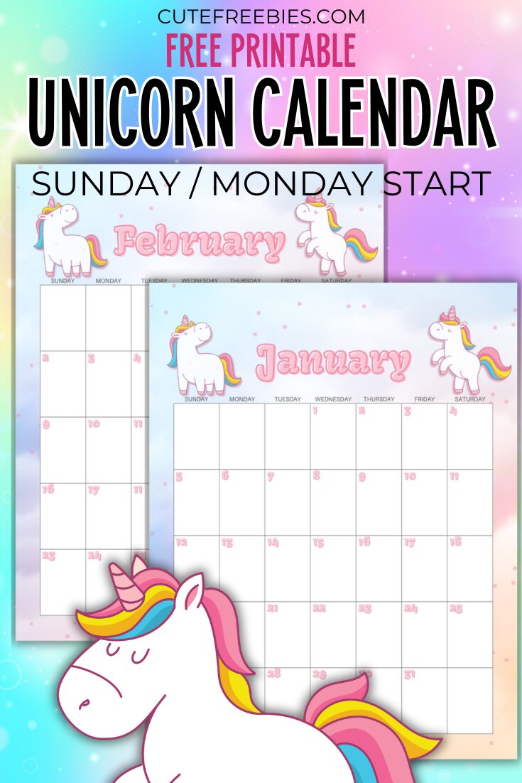 Free Printable 2025 Calendar With Unicorn - cute unicorn calendar for kids #freeprintable #cutefreebiesforyou #unicorn