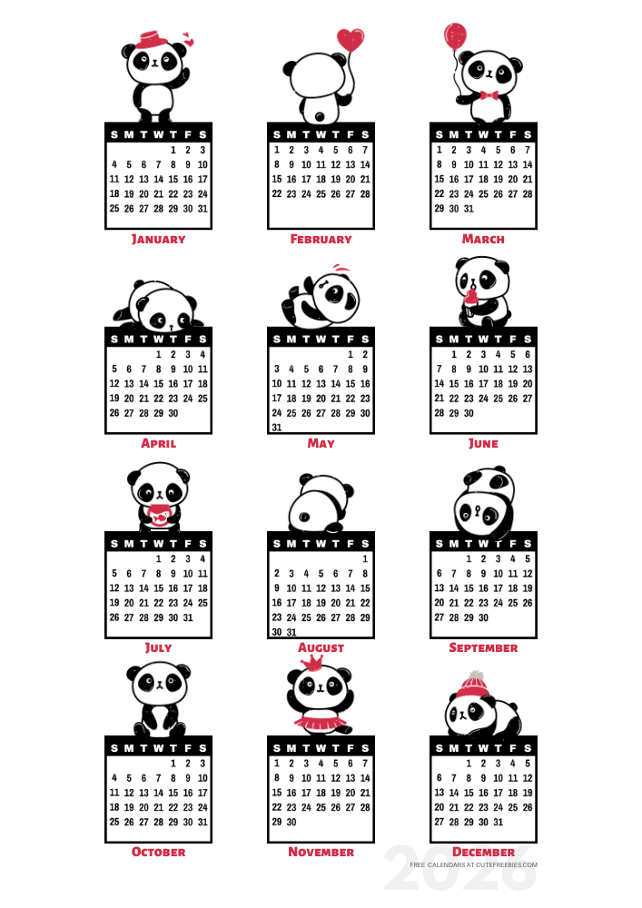 Year 2026 free printable 12 month calendar - cute panda calendar stickers - SEE PREVIOUS POST TO DOWNLOAD THE PDF #cutefreebiesforyou