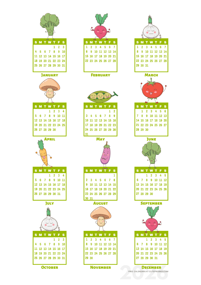 2026 free printable 12 month calendar - cute vegetables calendar stickers - SEE PREVIOUS POST TO DOWNLOAD THE PDF #cutefreebiesforyou