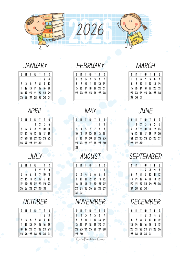 Free Printable 2026 Calendar For Kids - with monthly planner , Sunday or Monday start calendar #cutefreebiesforyou - SEE PREVIOUS POST TO DOWNLOAD THE COMPLETE 2026 MONTHLY PLANNER