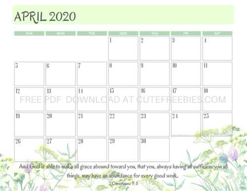 April 2020 calendar free printable pdf download. #cutefreebiesforyou #bibleversefortheday #bibleverse #freeprintable