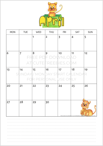 April 2020 calendar printable with cats