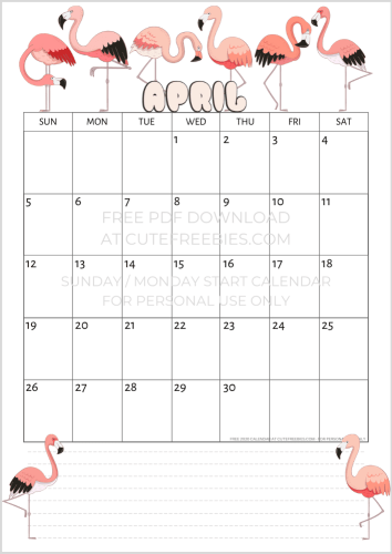 April 2020 flamingo calendar printable