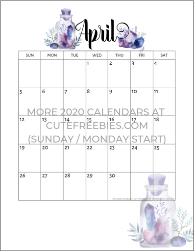 April 2020 Calendar Free Printable - Monthly planner printable with crystal gems. A4 A5 and US Letter size. Free pdf download now! #cutefreebiesforyou #freeprintable #crystals #bujomonthly #gems