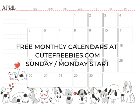 April 2020 Calendar Planner - Free Printable #cutefreebiesforyou #cutedogs #freeprintable