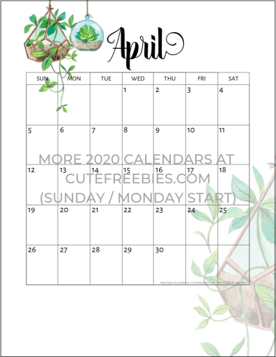 April 2020 calendar free printable with plants design