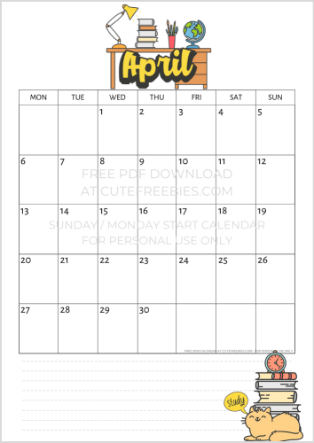 April 2020 calendar printable for kids