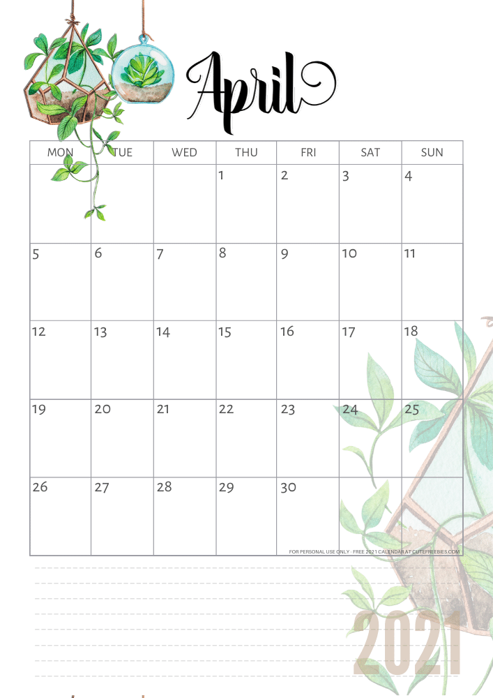 Free printable April 2021 calendar with plants - CLICK PREVIOUS POST to download the PDF
