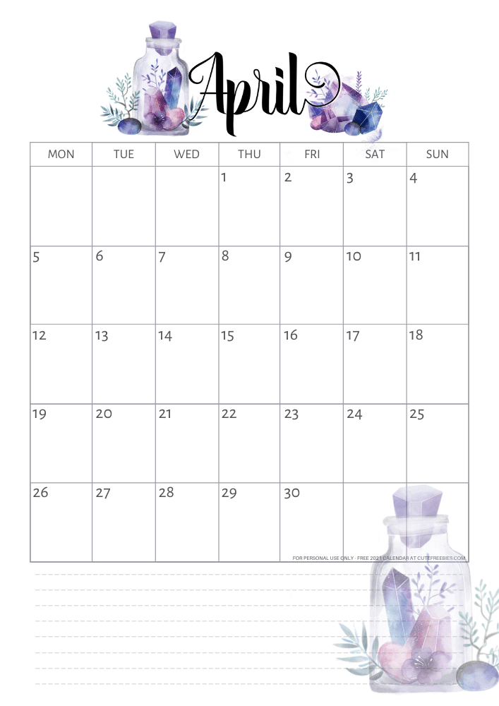 April 2021 calendar - free printable monthly calendar with purple crystals (SEE PREVIOUS POST DO DOWNLOAD THE PDF)