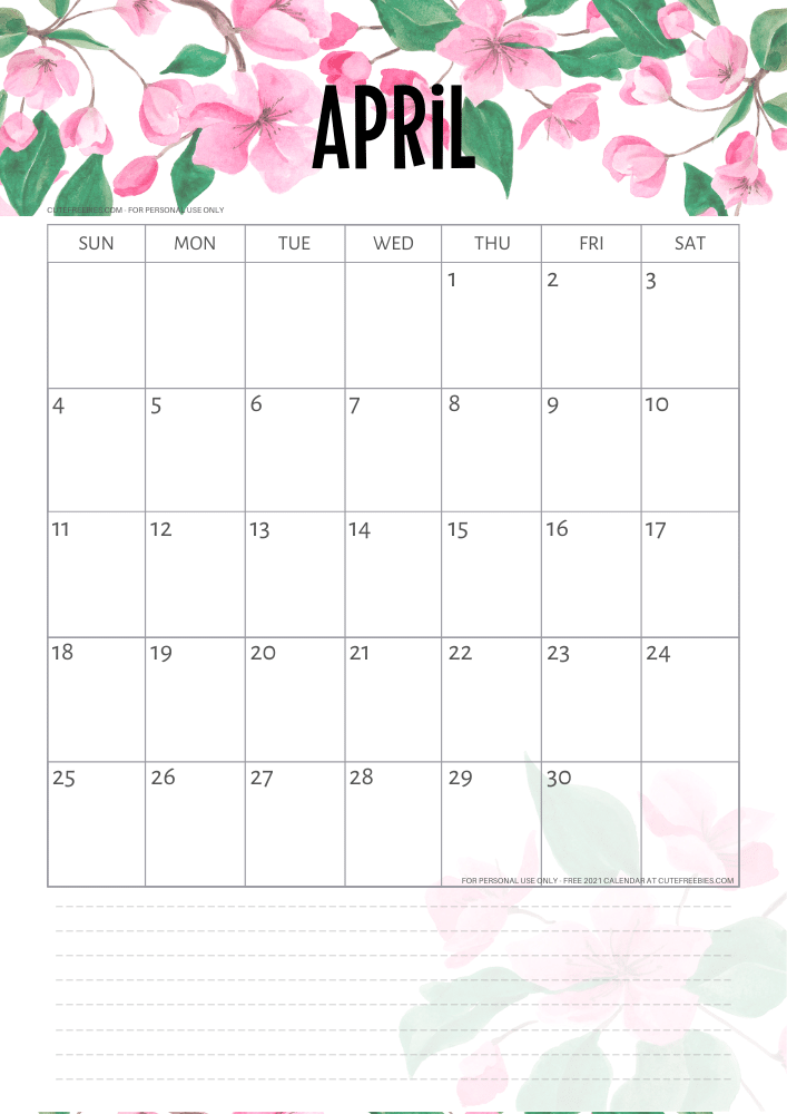 April 2021 free printable calendar with pink cherry blossoms #cutefreebiesforyou - SEE PREVIOUS POST TO DOWNLOAD THE FREE PDF FILE