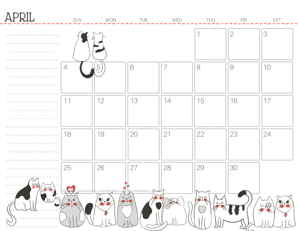 April 2021 monthly planner cat free printable #cutefreebiesforyou - SEE PREVIOUS POST TO DOWNLOAD THE FREE PDF FILE