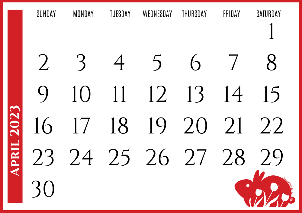 April 2023 Year of the rabbit calendar - Free printable Chinese New Year monthly calendar #cutefreebiesforyou - SEE PREVIOUS POST TO DOWNLOAD THE COMPLETE 2023 CALENDAR