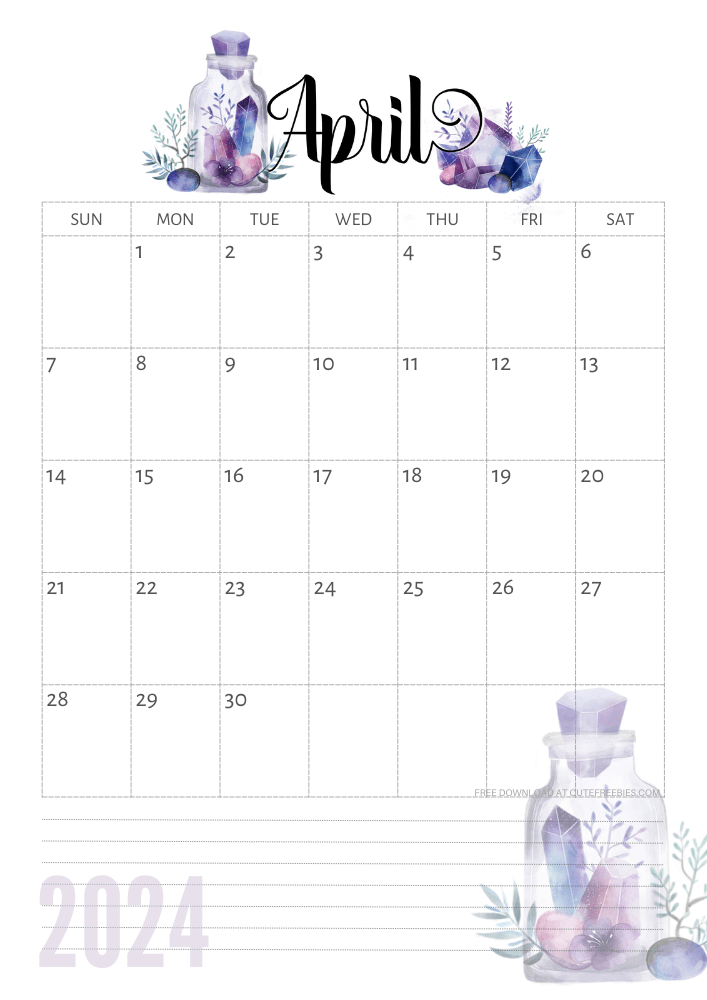 April 2024 calendar - free printable monthly calendar with purple crystals (SEE PREVIOUS POST TO DOWNLOAD THE COMPLETE 2024 CALENDAR)