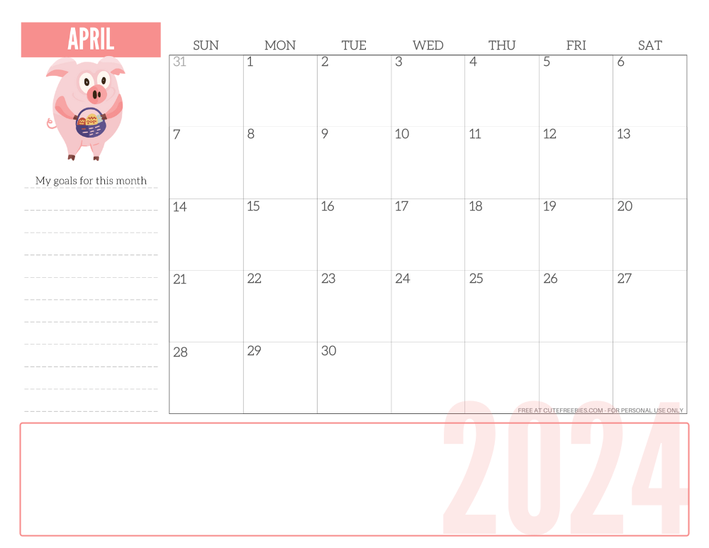 APRIL 2024 CUTE monthly planner - free printable 2024 monthly calendar pink pig #printablesandinspirations #freeprintable SEE PREVIOUS POST TO DOWNLOAD THE COMPLETE 2024 CALENDAR