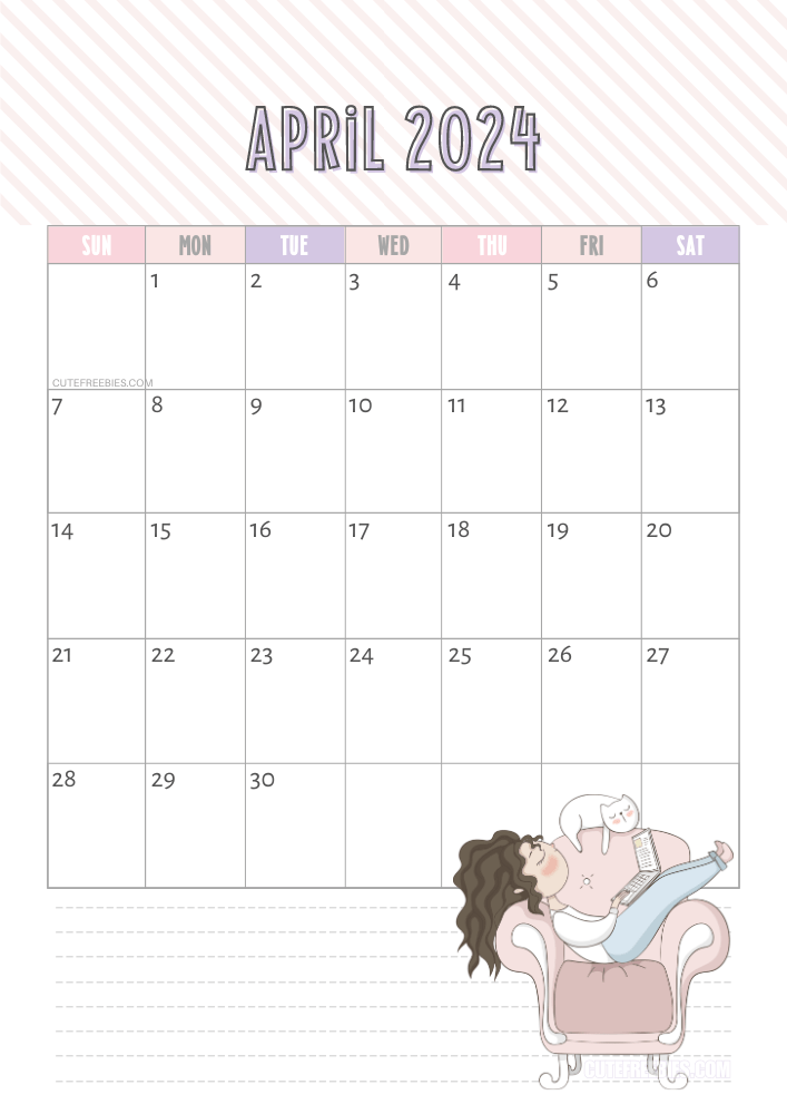 April 2024 cute cat calendar free printable #cutefreebiesforyou - SEE PREVIOUS POST TO DOWNLOAD THE COMPLETE 2024 CALENDAR