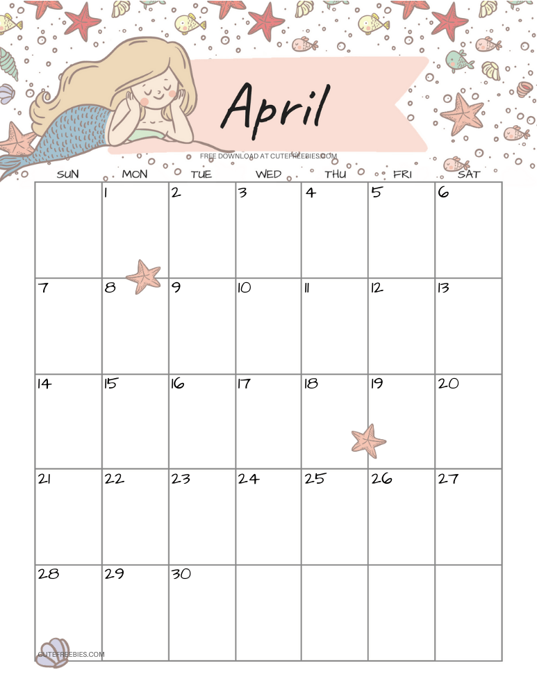 April 2024 monthly calendar with cute mermaid #cutefreebiesforyou #mermaid #freeprintable SEE PREVIOUS POST TO DOWNLOAD THE COMPLETE 2024 CALENDAR