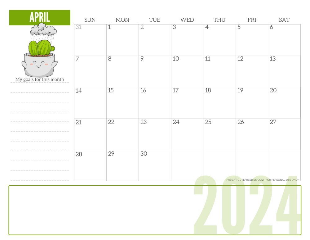 APRIL 2024 cute monthly planner with plant - free printable 2024 cute calendar for plant lovers #freeprintable #cutefreebiesforyou SEE PREVIOUS POST TO DOWNLOAD THE COMPLETE 2024 CALENDAR