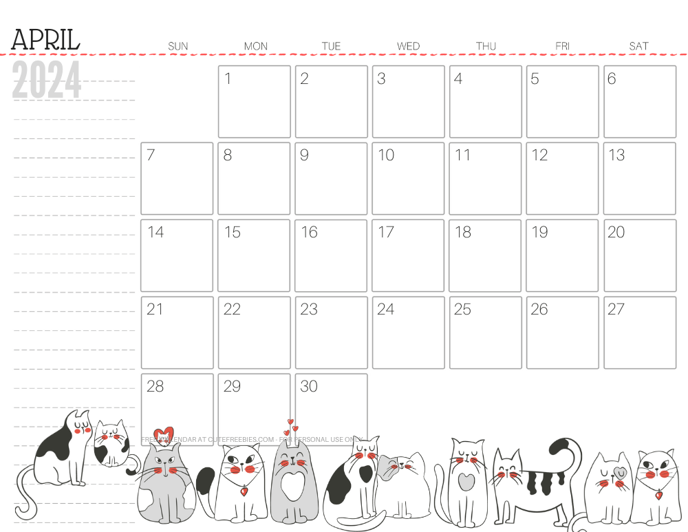 April 2024 monthly planner cat free printable #cutefreebiesforyou - SEE PREVIOUS POST TO DOWNLOAD THE COMPLETE 2024 CALENDAR