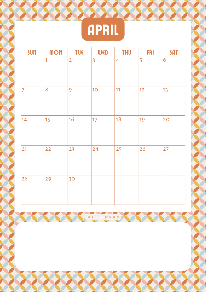April 2024 Retro design calendar free printable cutefreebiesforyou - SEE PREVIOUS POST TO DOWNLOAD THE COMPLETE 2024 CALENDAR