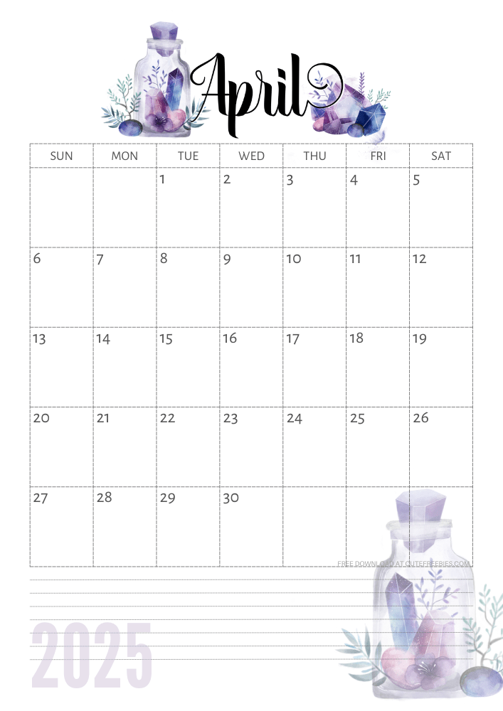 April 2025 calendar - free printable monthly calendar with purple crystals (SEE PREVIOUS POST TO DOWNLOAD THE COMPLETE 2025 CALENDAR)