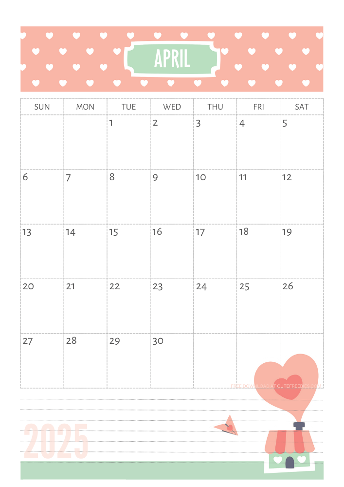 April 2025 Cute calendar free printable - SEE PREVIOUS POST TO DOWNLOAD THE COMPLETE 2025 CALENDAR