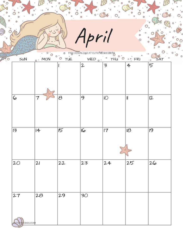 April 2025 monthly calendar with cute mermaid #cutefreebiesforyou #mermaid #freeprintable SEE PREVIOUS POST TO DOWNLOAD THE COMPLETE 2025 CALENDAR