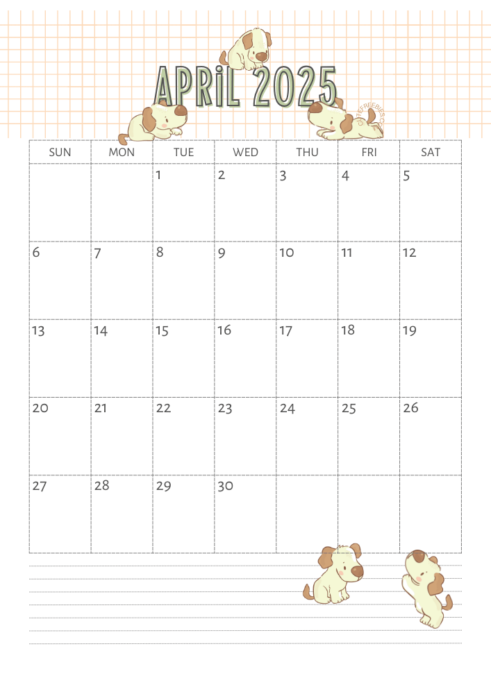 April 2025 calendar for kids cute dogs free printable #cutefreebiesforyou SEE PREVIOUS POST TO DOWNLOAD THE COMPLETE 2025 CALENDAR