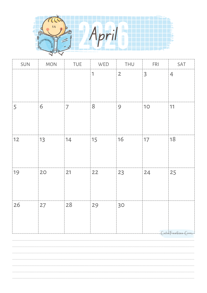 April 2026 cute calendar for kids - free printable monthly planner #cutefreebiesforyou - SEE PREVIOUS POST TO DOWNLOAD THE COMPLETE 2026 CALENDAR