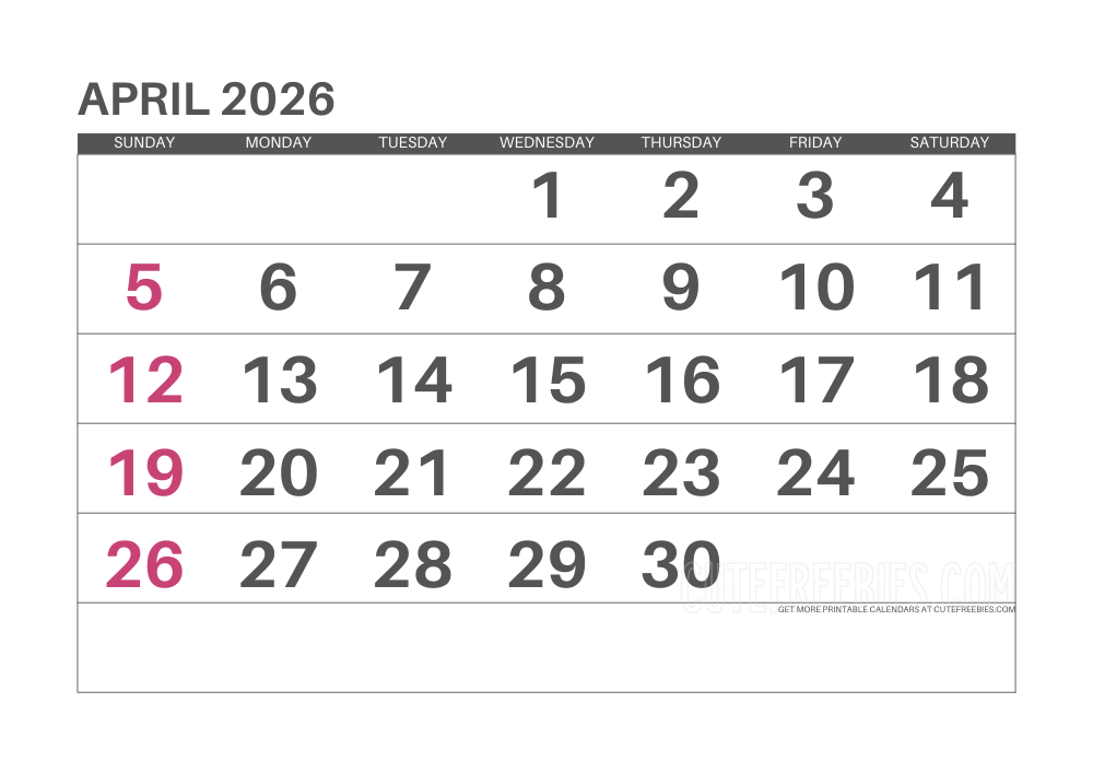 April 2026 monthly calendar #cutefreebiesforyou - SEE PREVIOUS POST TO DOWNLOAD THE COMPLETE 2026 CALENDAR