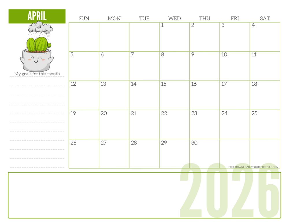 April 2026 cute monthly planner with plant - free printable 2025 cute calendar for plant lovers #freeprintable #cutefreebiesforyou SEE PREVIOUS POST TO DOWNLOAD THE COMPLETE 2026 CALENDAR #2026