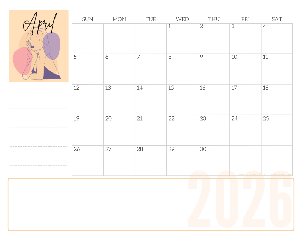 April 2026 line art calendar for women - free printable monthly planner - CLICK PREVIOUS POST TO DOWNLOAD THE COMPLETE 2026 CALENDAR