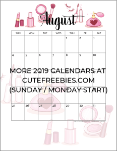 August 2019 Calendar Printable Planner - Free Printable #cutefreebiesforyou #makeuplover #freeprintable