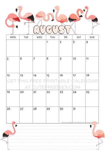 August 2019 calendar with flamingo free printable #flamingo #pink #pinkflamingo #cutefreebiesforyou 