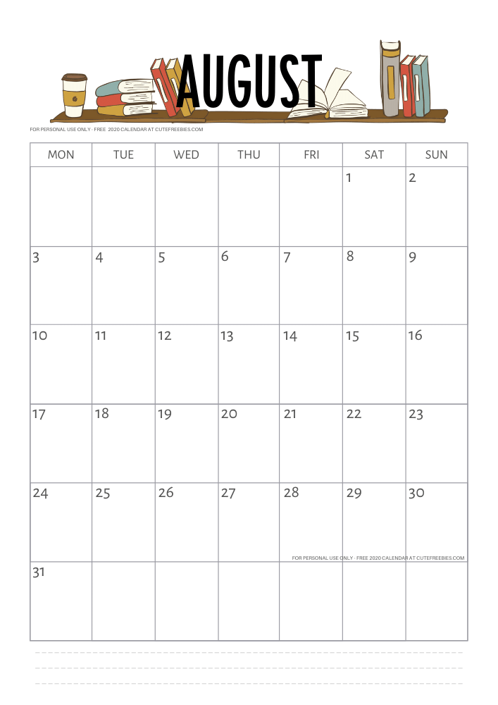 Free Printable August 2020 Books Calendar - SEE PREVIOUS POST TO DOWNLOAD THE PDF FILE