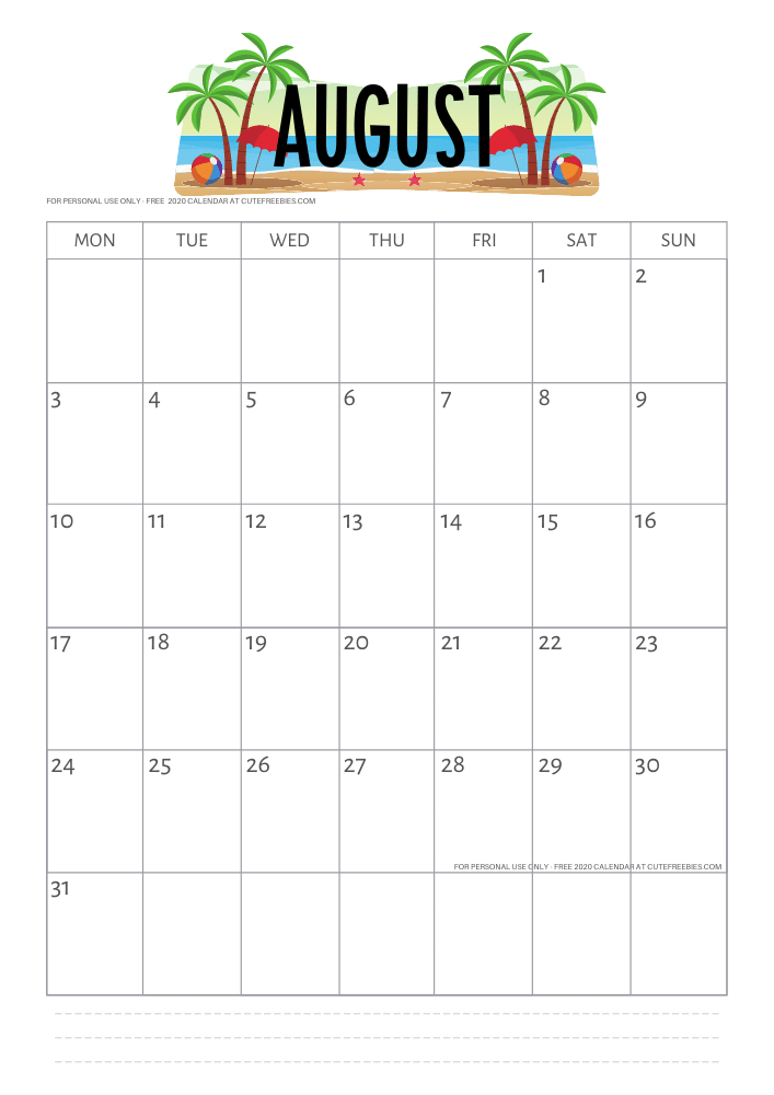 Free Printable August 2020 Beach Calendar - SEE PREVIOUS POST TO DOWNLOAD THE PDF FILE