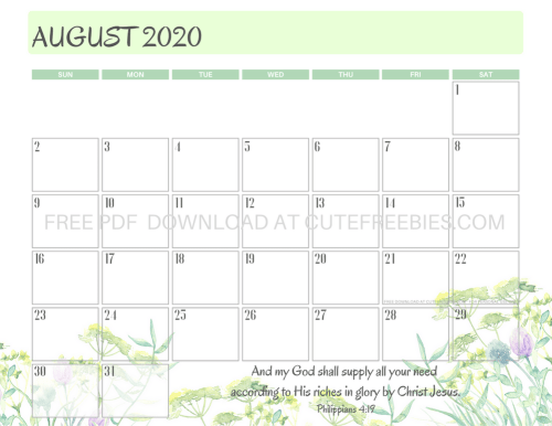 August 2020 calendar free printable pdf download. #cutefreebiesforyou #bibleversefortheday #bibleverse #freeprintable
