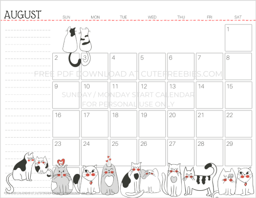 August 2020 cats calendar printable
