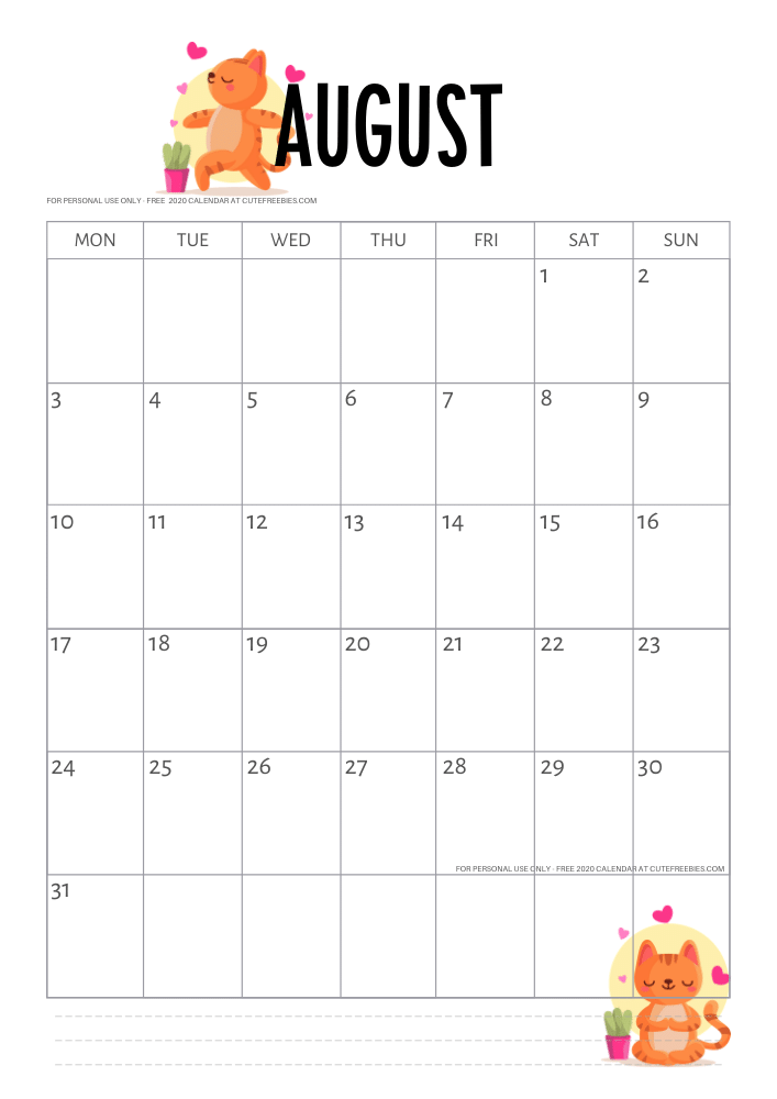 Free Printable August 2020 Cats Calendar - SEE PREVIOUS POST TO DOWNLOAD THE PDF FILE