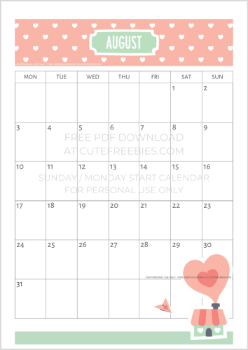 August 2020 cute calendar
