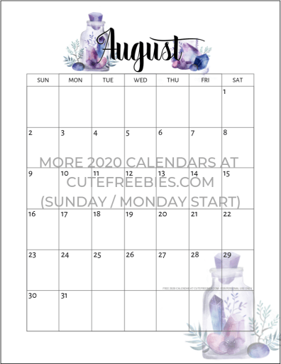 August 2020 Calendar Free Printable - Monthly planner printable with crystal gems. A4 A5 and US Letter size. Free pdf download now! #cutefreebiesforyou #freeprintable #crystals #bujomonthly #gems